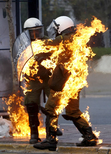 Riot police on fire